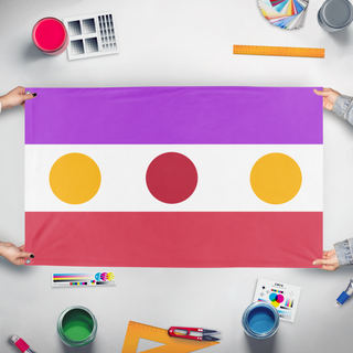 A mockup of the custom flag 'Bospalor flag' held up on a table during print checking