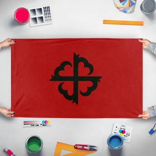 A mockup of the custom flag 'Kingdom of simsir flag' held up on a table during print checking