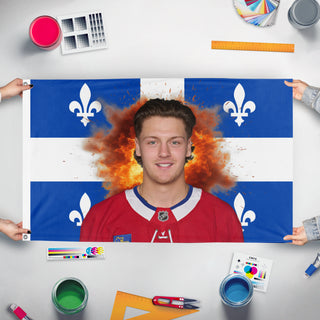 A mockup of the custom flag 'Zack Bolduc flag' held up on a table during print checking