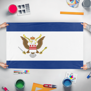 A mockup of the custom flag 'Monarchist American' held up on a table during print checking