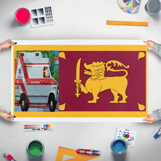 A mockup of the custom flag 'Sri Lanka but on image flag' held up on a table during print checking