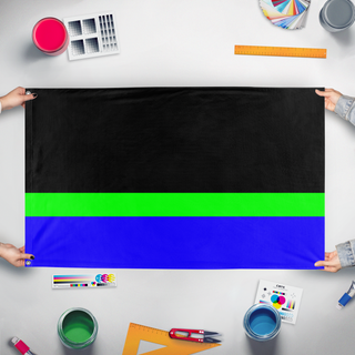 A mockup of the custom flag 'NRV flag' held up on a table during print checking