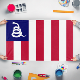 A mockup of the custom flag 'Sons of liberty flag' held up on a table during print checking