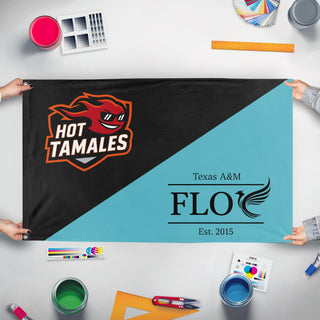 A mockup of the custom flag 'red hots  flag' held up on a table during print checking