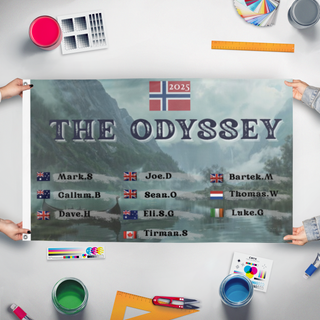 A mockup of the custom flag 'ODYSSEY flag' held up on a table during print checking