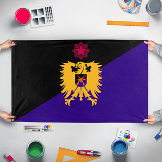 A mockup of the custom flag 'Federal Republic of Jasonia' held up on a table during print checking
