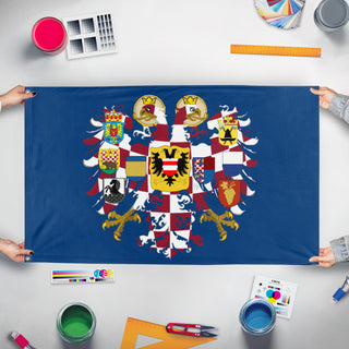A mockup of the custom flag 'Holy Moravian Empire flag' held up on a table during print checking