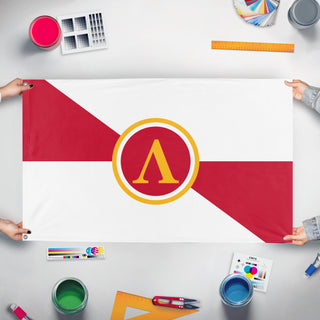 A mockup of the custom flag 'Kingdom of Sparta flag' held up on a table during print checking