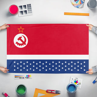 A mockup of the custom flag 'United Socialist States of America flag' held up on a table during print checking