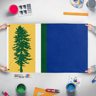 A mockup of the custom flag 'Cascadia Redesign flag' held up on a table during print checking