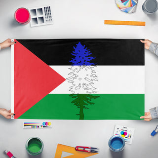 A mockup of the custom flag 'Cascadia for Palestine flag' held up on a table during print checking