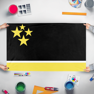 A mockup of the custom flag 'Republic of Trussea flag' held up on a table during print checking