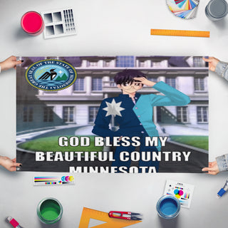 A mockup of the custom flag 'Shiki flag' held up on a table during print checking