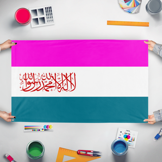 A mockup of the custom flag 'aski and yukineria flag' held up on a table during print checking