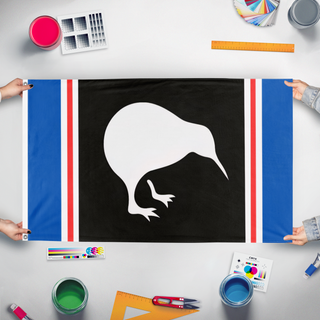 A mockup of the custom flag 'New zealand republic  flag' held up on a table during print checking