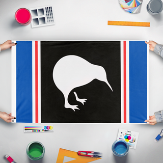 A mockup of the custom flag 'New zealand  flag' held up on a table during print checking