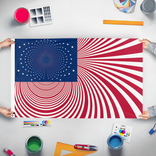 A mockup of the custom flag 'hyperamerica flag' held up on a table during print checking