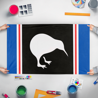 A mockup of the custom flag 'new zealand flag' held up on a table during print checking