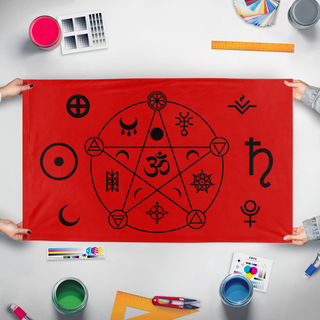 A mockup of the custom flag 'Protection flag' held up on a table during print checking