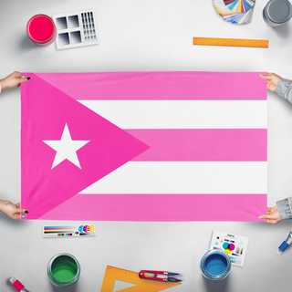 A mockup of the custom flag 'Pink Puerto Rican  flag' held up on a table during print checking