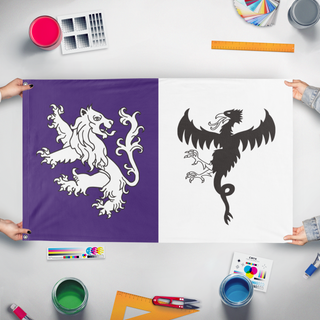 A mockup of the custom flag 'Jones-Langley flag' held up on a table during print checking