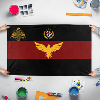 A mockup of the custom flag 'Slearian Empire  flag' held up on a table during print checking
