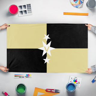 A mockup of the custom flag 'Trussea War Flag' held up on a table during print checking