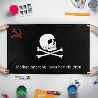 A mockup of the custom flag 'Anarchist flag' held up on a table during print checking