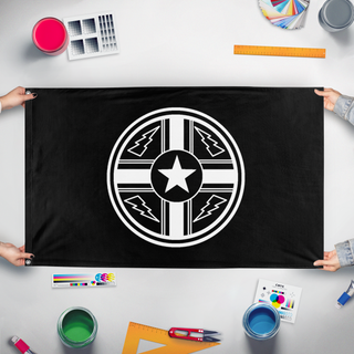A mockup of the custom flag 'Ruthenian Southern Resistance flag' held up on a table during print checking