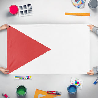 A mockup of the custom flag 'test t flag' held up on a table during print checking