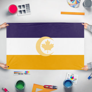 A mockup of the custom flag 'Friend flag' held up on a table during print checking