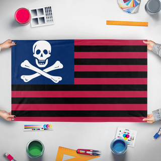 A mockup of the custom flag 'Mark Twain Flag' held up on a table during print checking