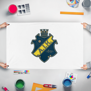 A mockup of the custom flag 'AIK flag' held up on a table during print checking