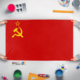 A mockup of the custom flag 'Soviet Unionn flag' held up on a table during print checking