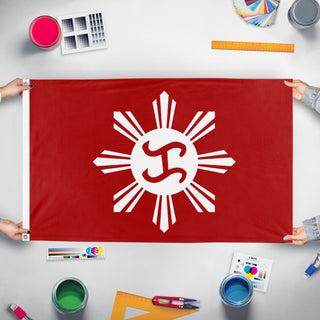 A mockup of the custom flag 'Katipunan Revoluton flag' held up on a table during print checking