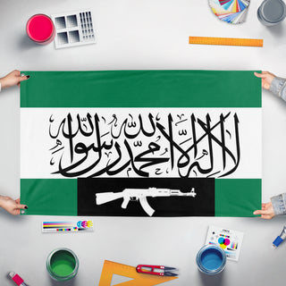 A mockup of the custom flag 'afgf flag' held up on a table during print checking