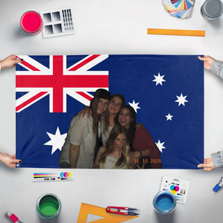 A mockup of the custom flag 'AU flag' held up on a table during print checking