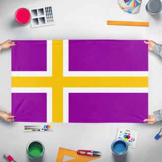 A mockup of the custom flag 'Harbour oaks flag' held up on a table during print checking
