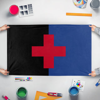 A mockup of the custom flag 'Federal Republic of Jasonia  flag' held up on a table during print checking