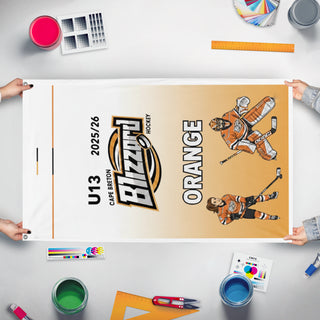 A mockup of the custom flag 'BlizOru13 flag' held up on a table during print checking