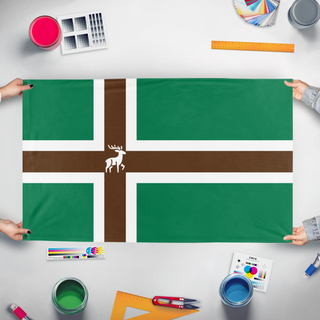 A mockup of the custom flag 'Anxious & Kevin flag' held up on a table during print checking