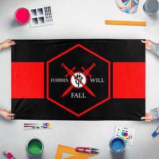 A mockup of the custom flag 'FurFall flag' held up on a table during print checking