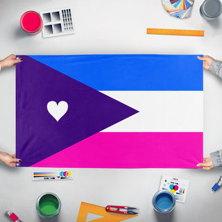 A mockup of the custom flag 'Jordan Weldon flag' held up on a table during print checking