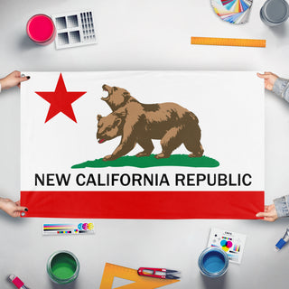 A mockup of the custom flag 'Accurate New California Republic Flag' held up on a table during print checking