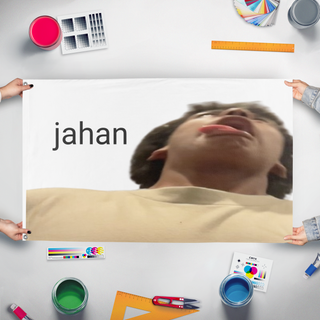 A mockup of the custom flag 'jahan birthday flag' held up on a table during print checking