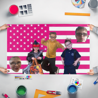 A mockup of the custom flag 'President Coopa flag' held up on a table during print checking