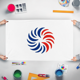 A mockup of the custom flag 'Flag' held up on a table during print checking