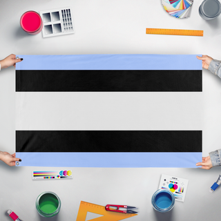A mockup of the custom flag 'Flag of melonia' held up on a table during print checking