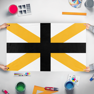 A mockup of the custom flag 'The Flag of Hababi' held up on a table during print checking