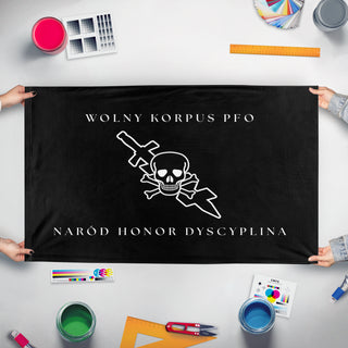 A mockup of the custom flag 'WK PFO flag' held up on a table during print checking